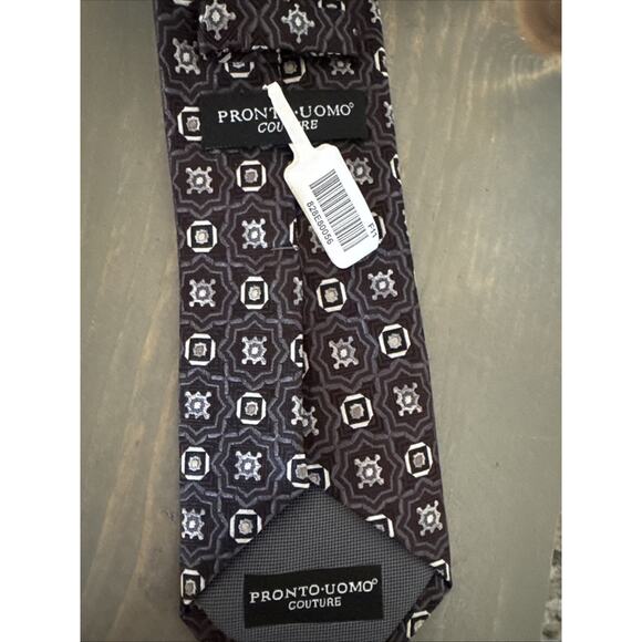 Pronto Uomo Couture Tie Black/Grey 100% Silk Handmade Geometric Print Luxury NWT - Picture 3 of 9